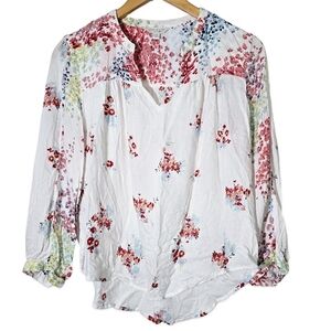 VGUC Lucky Brand Floral Printed Shirt Top White Long Sleeve Size M